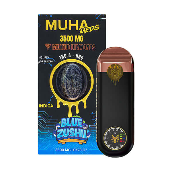 Muha Meds THC-P vape 3500mg with melted diamonds packaging and disposable device, featuring Blue Zushi flavor.