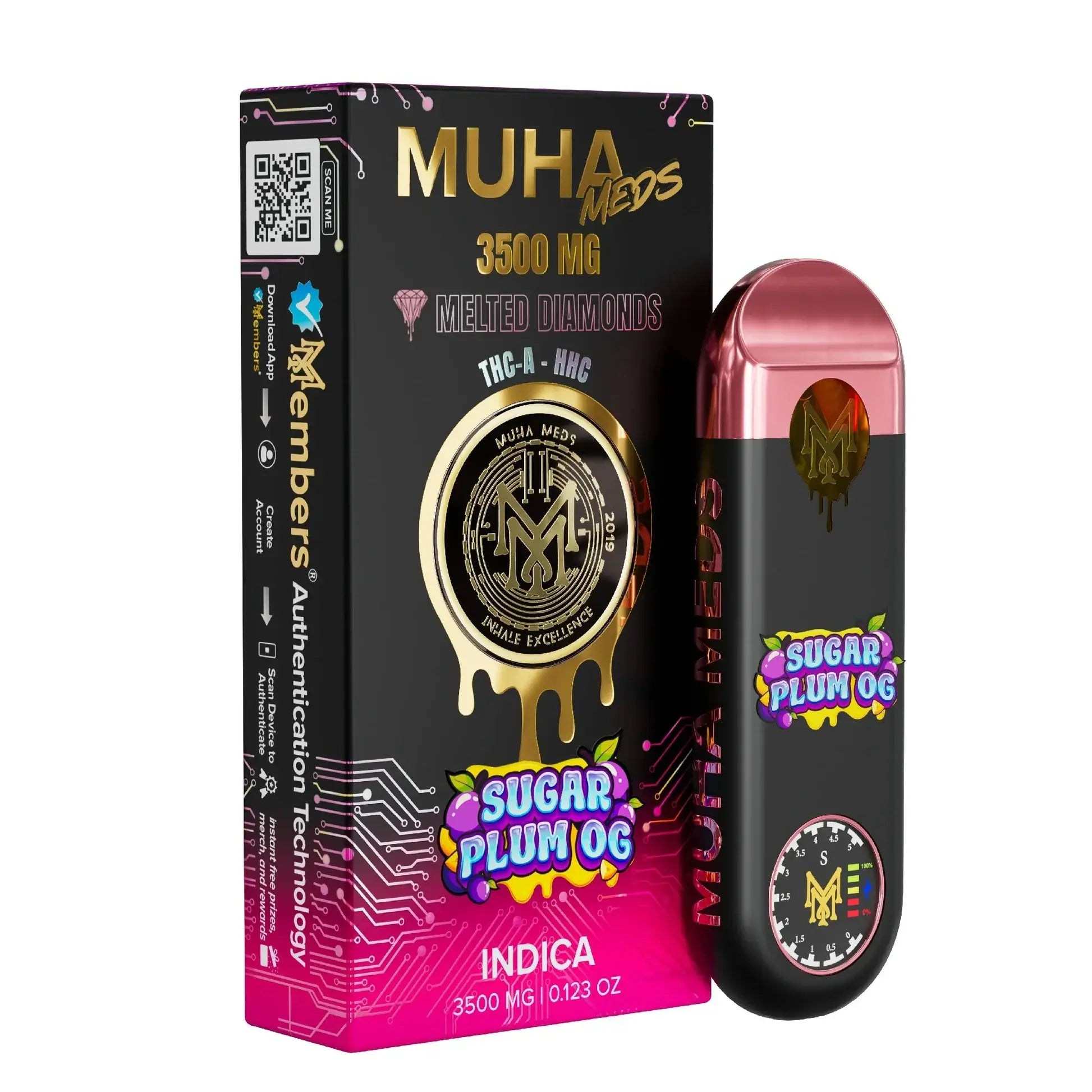 Muha Meds THC-P vape 3500mg with Sugar Plum OG flavor and Melted Diamonds packaging.