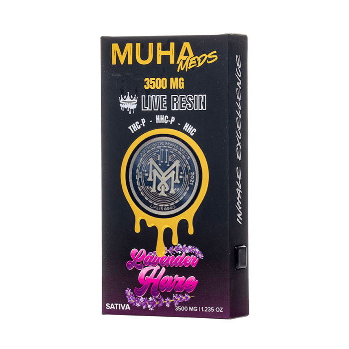 Muha Meds vape packaging featuring 3500mg Live Resin with THC-P and HHC, showcasing Sativa Lavender Haze strain.