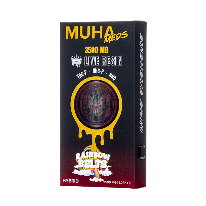 Muha Meds Live Resin HHC + THC-P Disposable Vaporizer, 3500mg, Rainbow Belts Hybrid flavor.