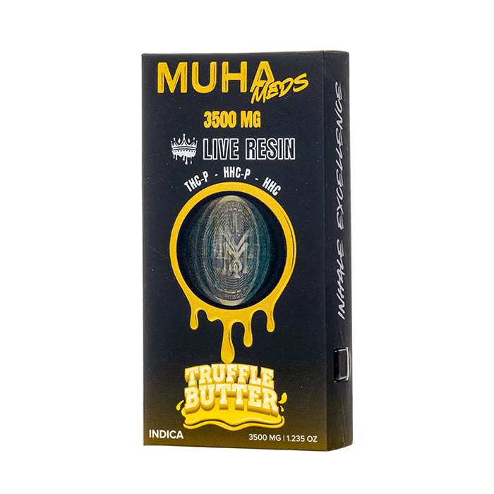 Muha Meds 3500 mg Live Resin HHC + THC-P vaporizer in Truffle Butter flavor, sleek packaging.