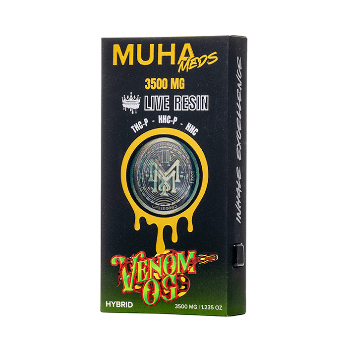 Muha Meds 3500mg Live Resin Vape packaging with THC-P, HHC, and HHC-P for enhanced vaping experience.