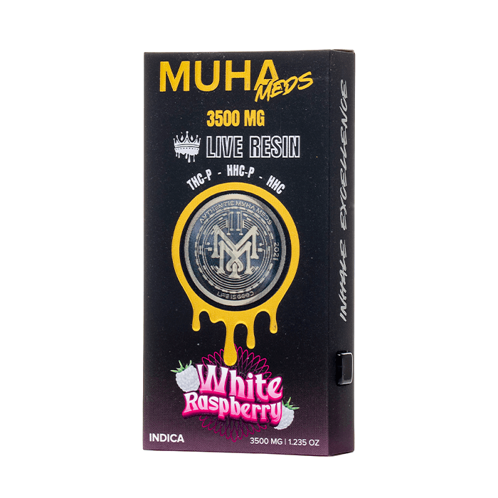 Muha Meds 3500mg Live Resin Vaporizer packaging featuring White Raspberry flavor, THC-P, HHC-P, and HHC.