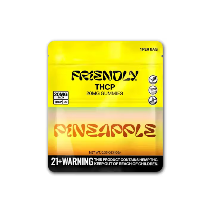 Friendly THCP 20MG Pineapple Gummies packaging, featuring vibrant yellow design.