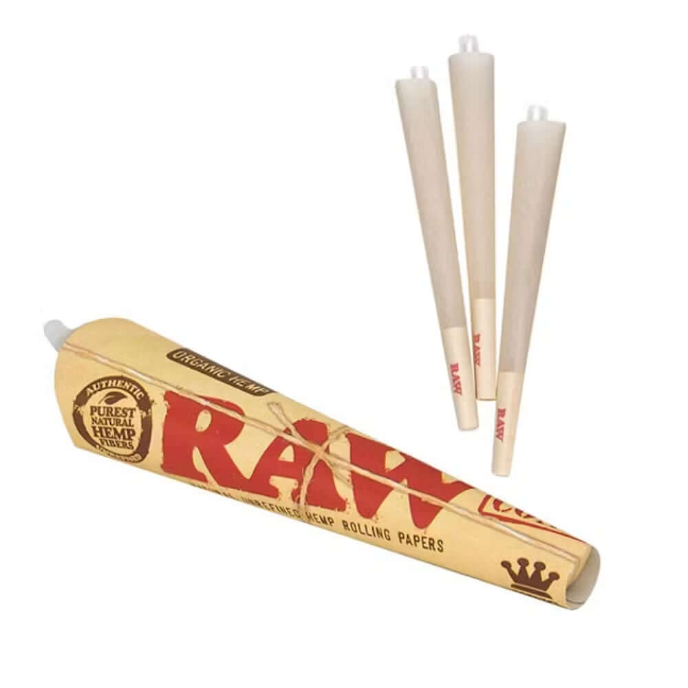 RAW Organic Hemp Cones 3-Pack featuring pre-rolled cones in natural hemp paper for a smooth, clean smoking experience.