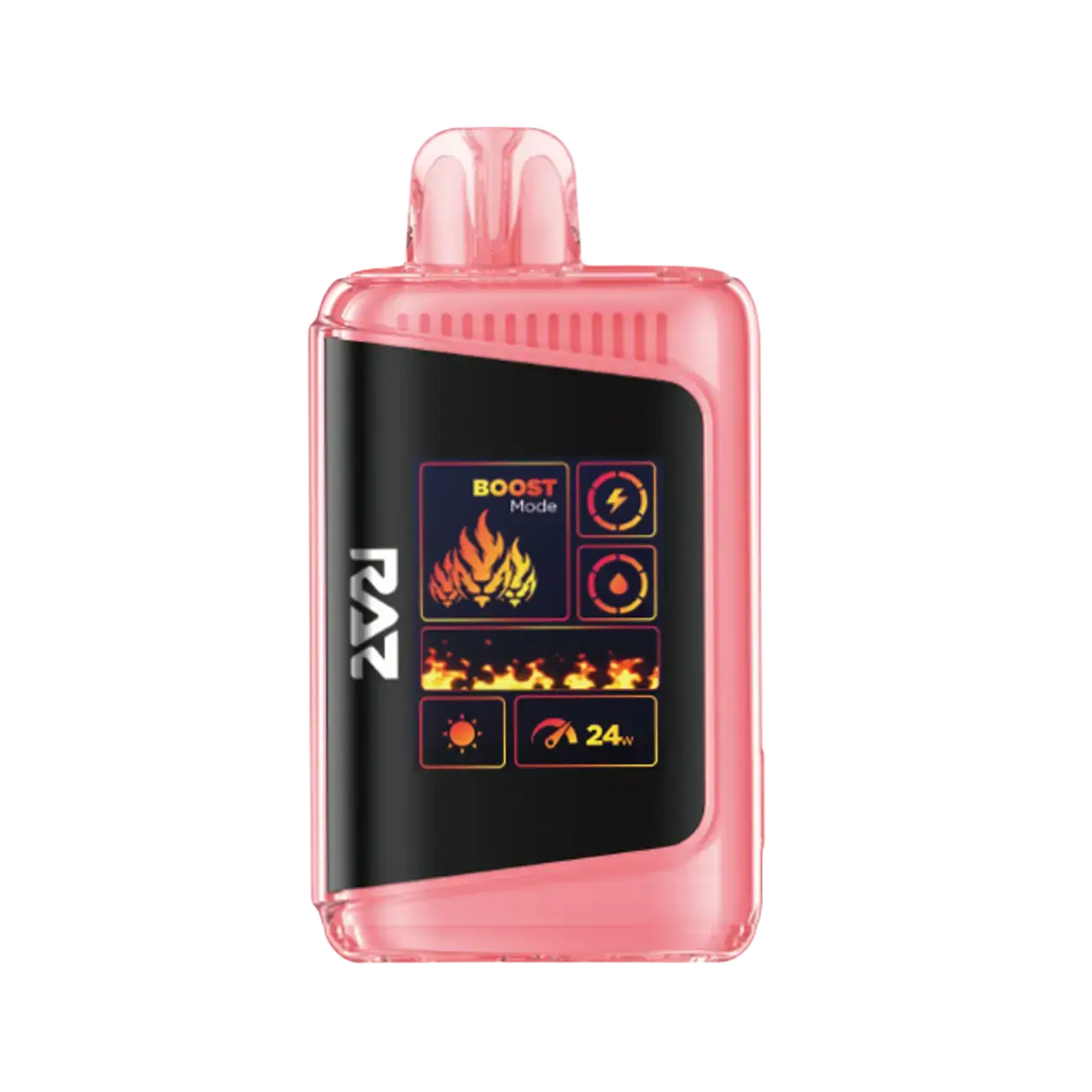 RAZ LTX25000 disposable vape featuring LED display and Boost mode in a sleek pink design.
