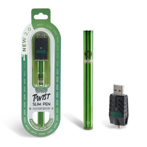 Oozo Twist Slim Pen in green packaging with USB charger, perfect for oil cartridges and improved performance.