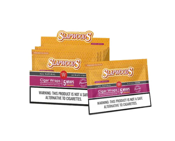 Slapwoods All Natural Pre-Rolled Leaf Wraps in packaging, 5 wraps per pack, convenience and craftsmanship.