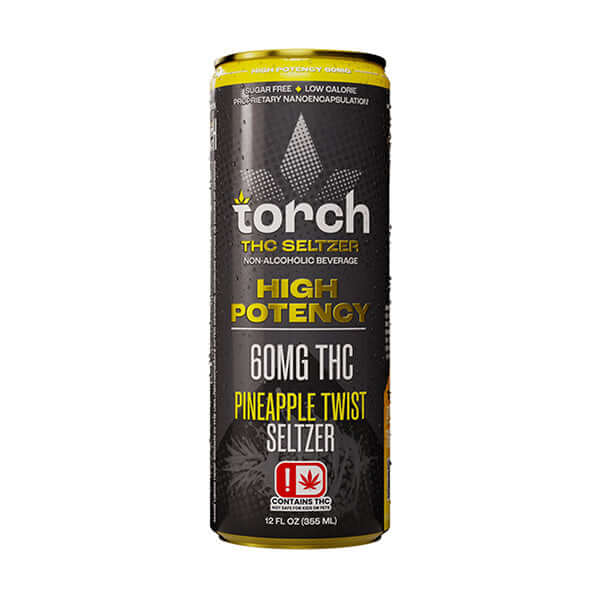 Torch THC Pineapple Twist Seltzer can with 60mg THC, sugar-free and low-calorie non-alcoholic beverage.