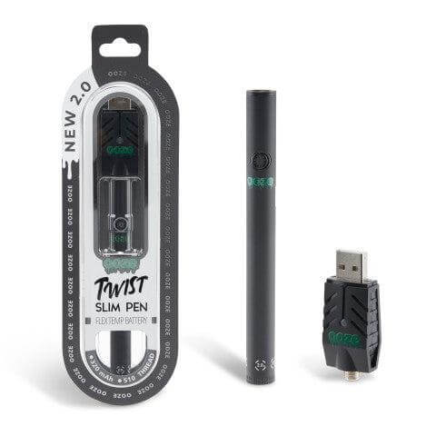 Oozo Twist Slim Pen with Flex Temp Battery in packaging, sleek design, and USB charger.